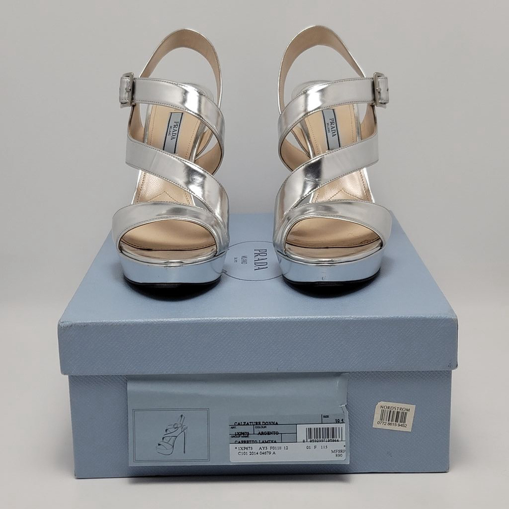 Prada Metallic Silver Platform Slingeback Strappy Straps Heel Sandals Size 39.5 - Picture 7 of 16